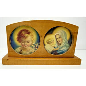 Vtg Wood Picture Frame Religious Holds 2 Mini Circular Table Top Arched Kitsch